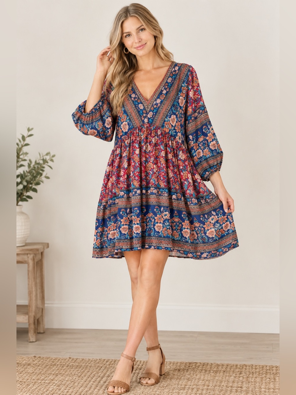 BTFBM Boho Blue & Red Floral Midi Dress Size Large